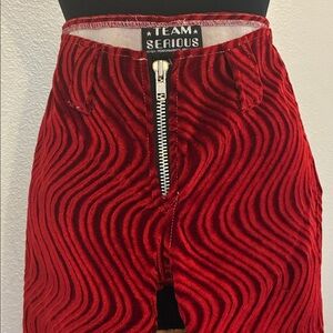 Vintage 90s Team SERIOUS Red Textured Velvet RAVE Pants with low rise Front Zip